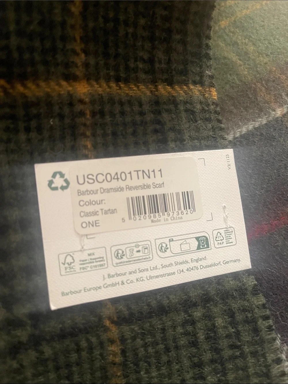 Barbour unisex Plaid Wool Scarf reversible new 100% Lamb wool